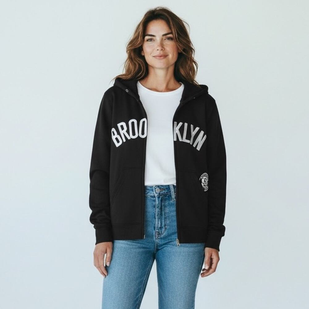 NWT Women's NBA Black Brooklyn NY Basketball Sports NBA Zip Up Hoodie, Medium - Picture 2 of 9